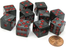 Koplow Games Set of 10 D6 16Mm Marbleized Square Corner Dice - Charcoal with Red