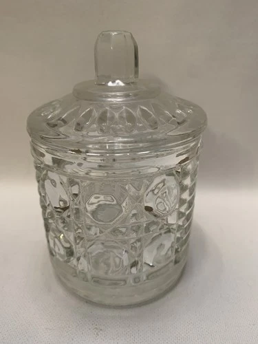 Vintage Federal Glass Clear Windsor Sugar Bowl Jam Jar w/Lid - Button & Cane