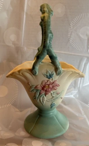 Hull Pottery Art Deco Floral Hand Painted Footed Decorative Basket Green Pink