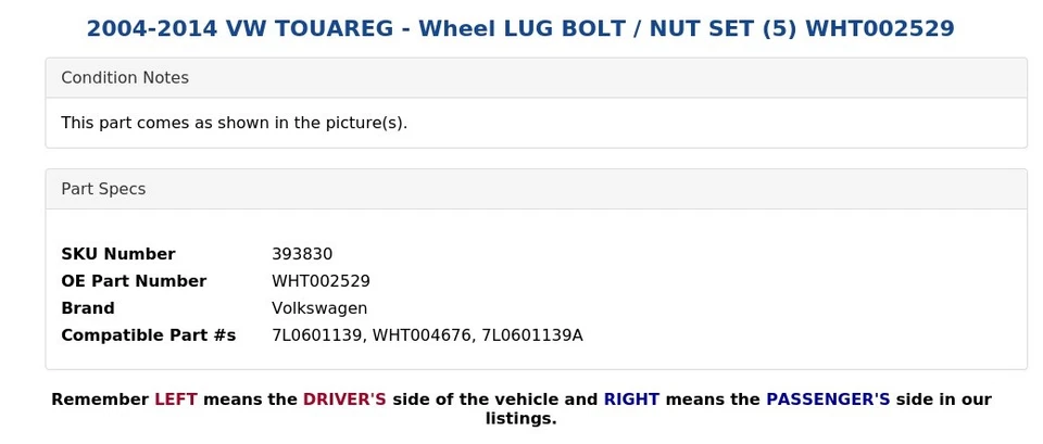 2004-2014 年大众 TOUAREG - 车轮 LUG BOLT / NUT 套装 (5) WHT002529 — 第 3/4 张图片