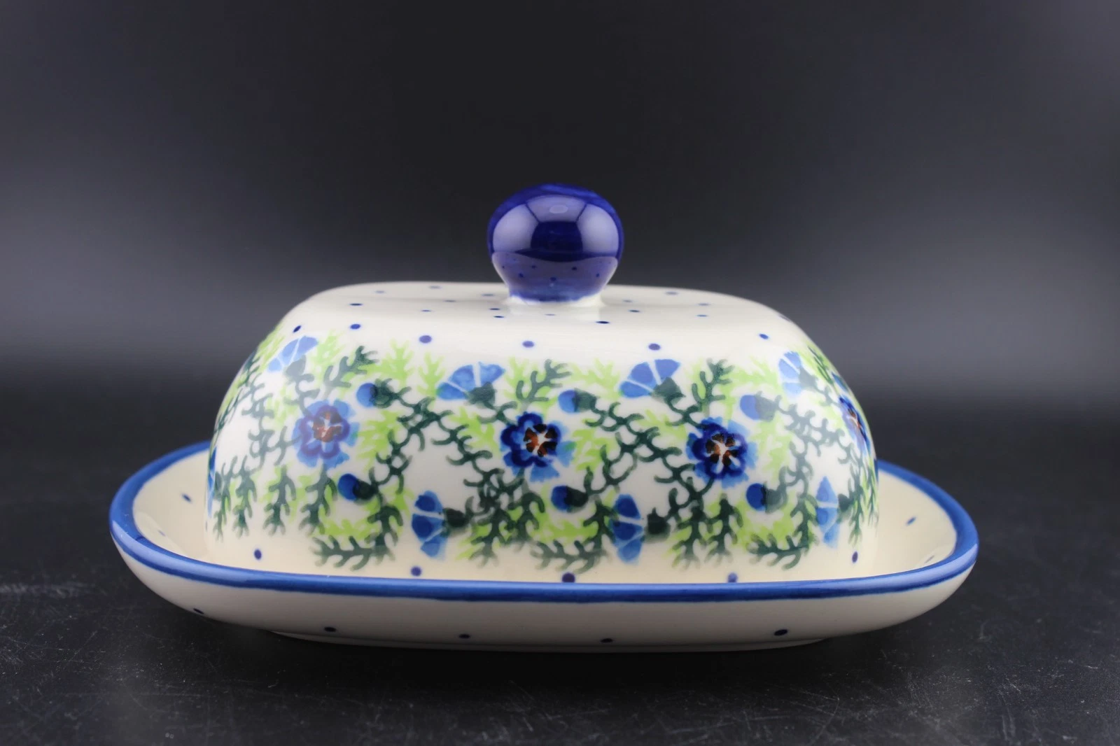 Boleslawiec Polish Pottery Butter Dish hand-painted Blue Floral Signed *READ