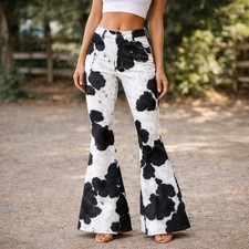 Women Real Cowhide Leather Pants Hair On Hide Flared Bell Bottom Western