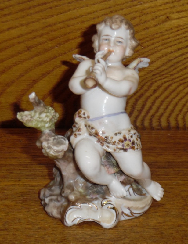 Antique German Putto Musician Porcelain Figurine - Cherub Playing Flute - 4"