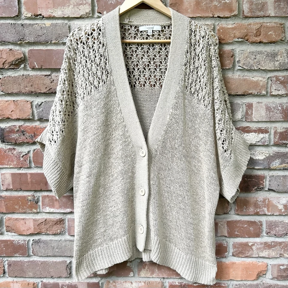 Кардиган Sejour свитер крючком женщин 2 X бежевый богемное плюс кнопка спереди пляж - Изображение 4 из 4