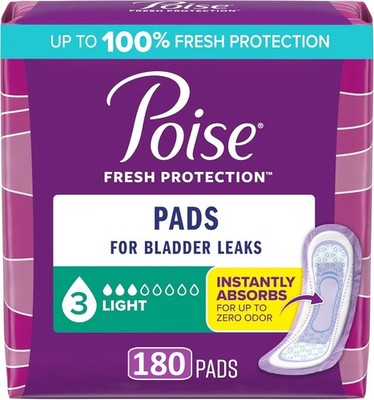 Poise Incontinence Pads  Postpartum Pads, 3 Drop Light Absorben-*180 COUNT*
