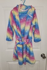 Kids Unicorn Rainbow Hooded Fuzzy Robe w/Headband Size 5-6 Years