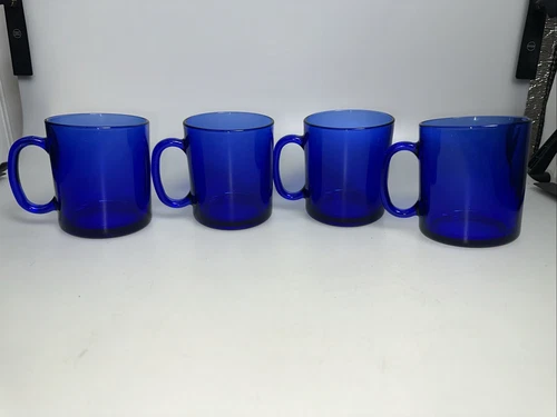 SET OF 4-Vintage Arcoroc France COBALT BLUE Glass Coffee Cups Mugs