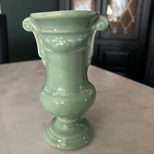 Vintage McCoy Vase Green #707 Empress Line Brush 1933 Urn Vase Ceramic Decor 7"