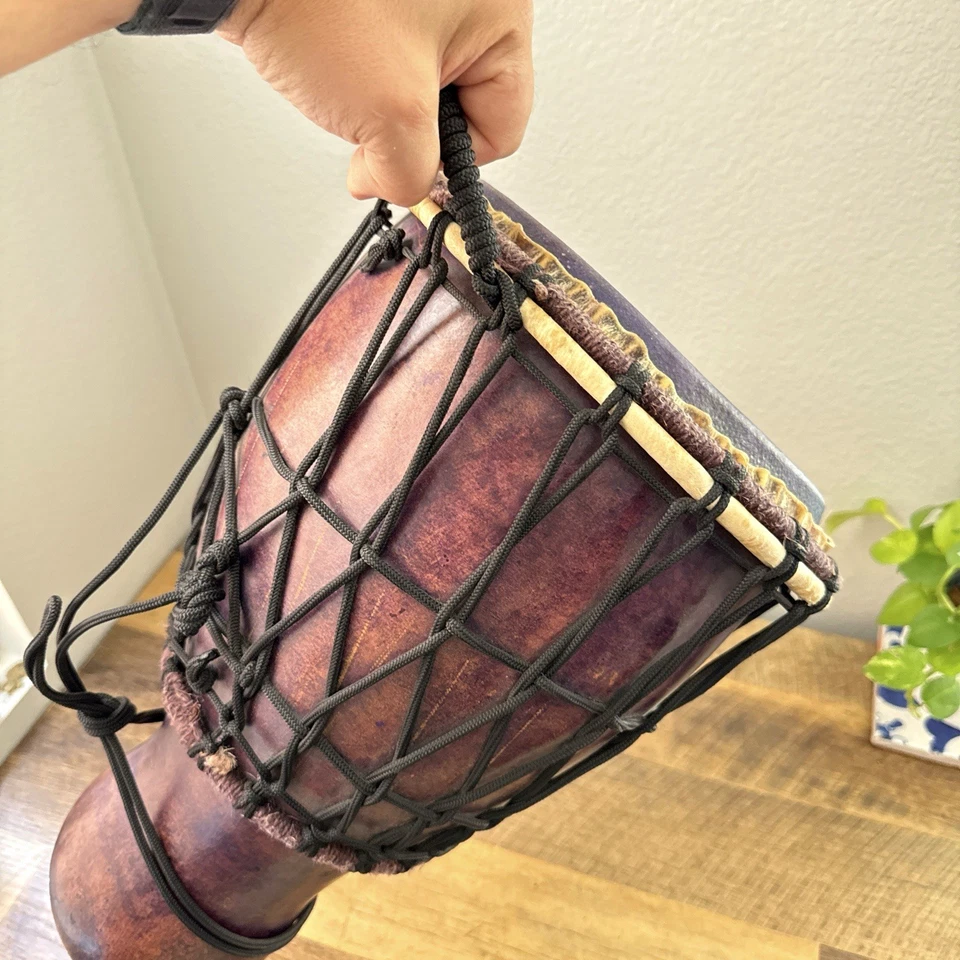 Brown Purple Fiberglass Djembe Hand Drum Rope Tuned Bongo 17” x 12” - Image 3 of 4