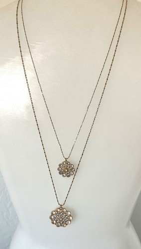 Double Strand Double Pendant Gold Tone Necklace 16" Double Strand Double Pendant