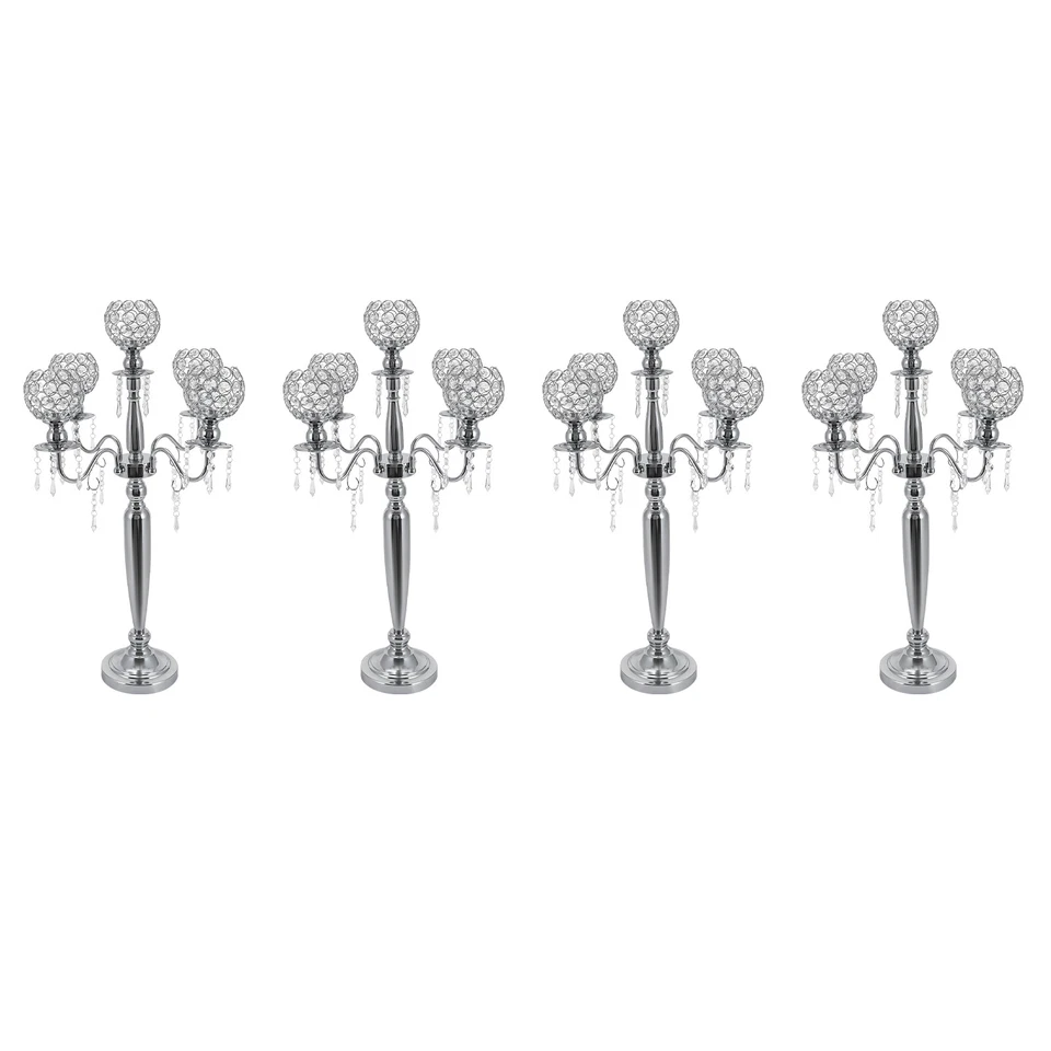 4 Pcs 5 Arm Crystal Candelabra Centerpieces Silver Candle Holder Freestanding - Image 2 of 4