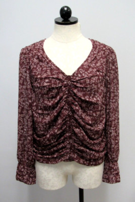 Bohme Floral Printed Button Front Top Blous Long sleeve Maroon Women's XL New