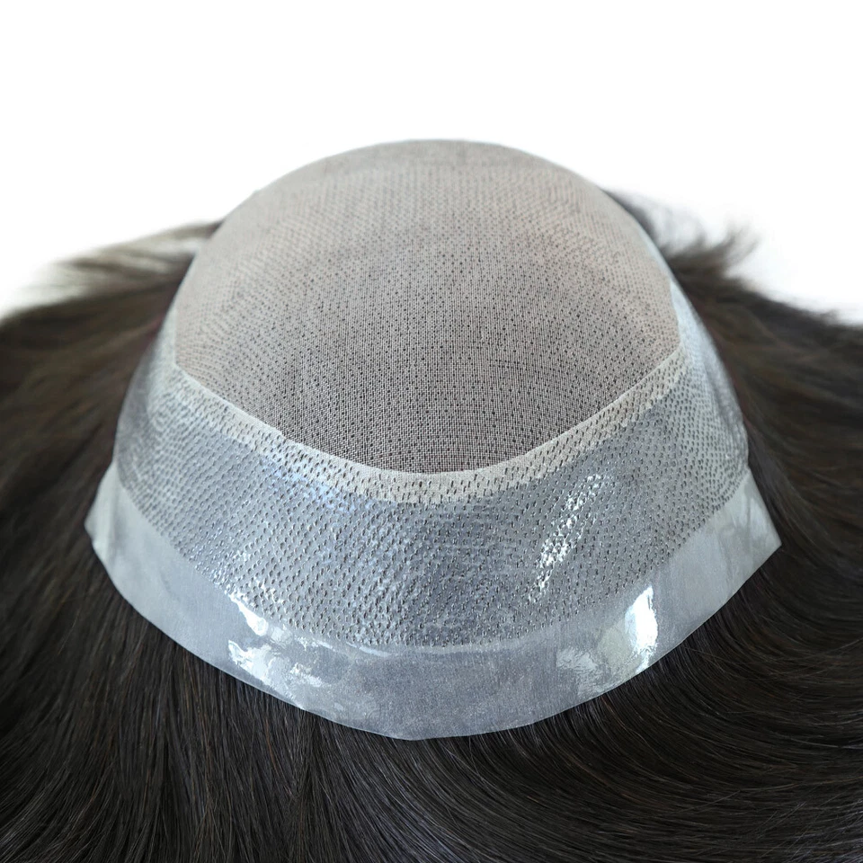 Toupee Para Hombres Cabello Humano Fino Mono Sistema de Reemplazo Pelos Lactos Negro Foto 4 de 4