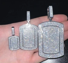 Mens Real Solid 925 Sterling Silver Dog Tag Iced CZ Hip Hop Pendant Necklace