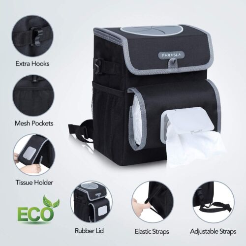 Car Trash Can with Leakproof Liner, Adjustable Tissue Holder & Straps (Black) - Picture 2 of 7