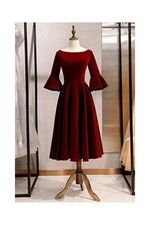 Women Burgundy Velvet Dress Fit and Flare Dress Bell Sleeve Formal Evening Dress