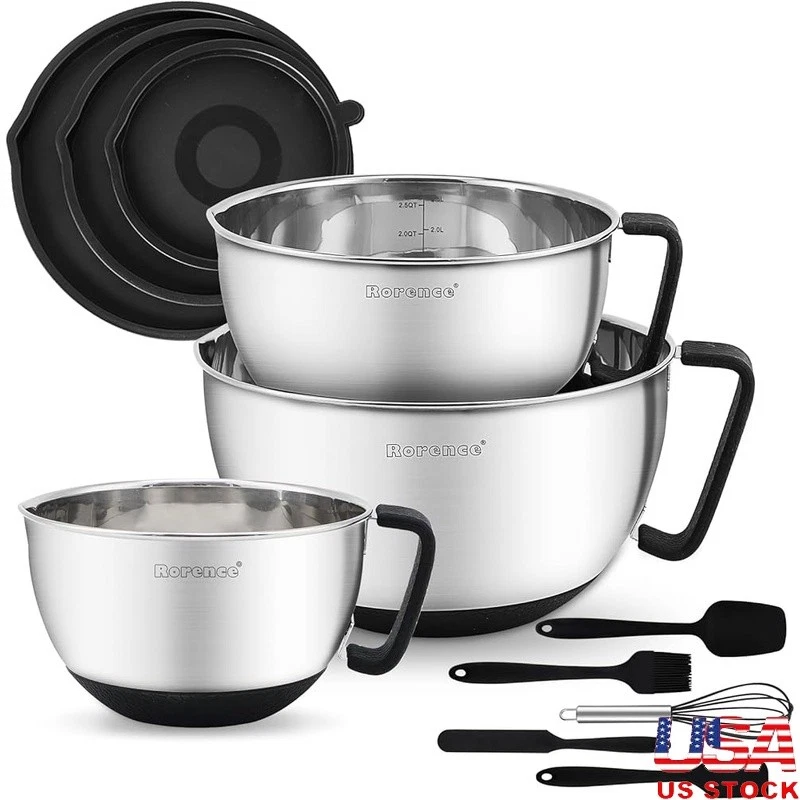 Premium Stainless Steel Mixing Bowls Set W/ Silicone Handles & Utensils New