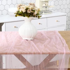 Elegant Pink Lace Tablecloth 10 ft Pearl Table Runner Tulle Fabric for Bridal Sh