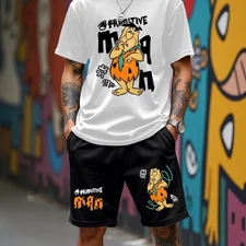 Men's regular versatile printed sports and leisure T-shirt short-sleeved set