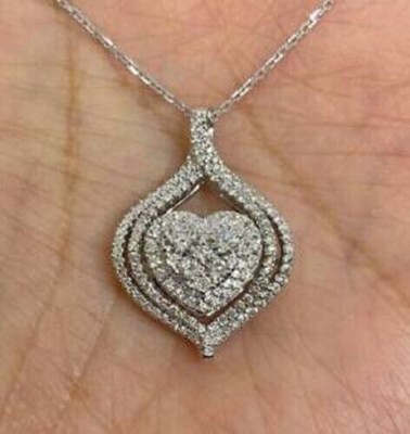 2.00Ct Lab Created Diamond Round Heart Pendant 14K White Gold Plated 18'' Chain