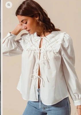 So Me The Charming Blouse Tie Front Pearl Detail Size Small White Boho