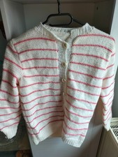 Strick Jacke Kinder Wolle selbst gestrickt Größe 134 weiß mit rosa Streifen