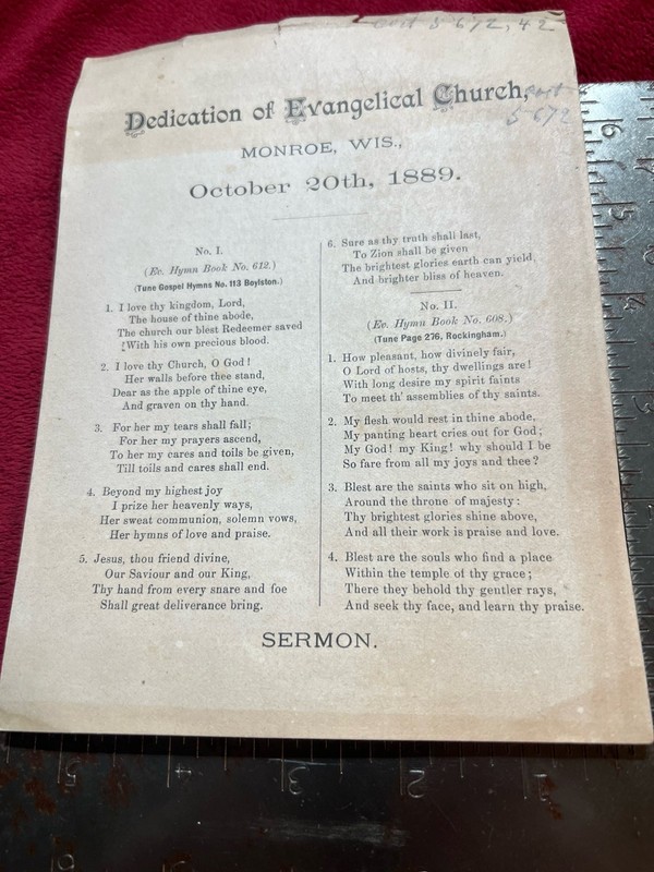 Vintage 1889 Monroe, WI Evangelical Church Dedication Program.