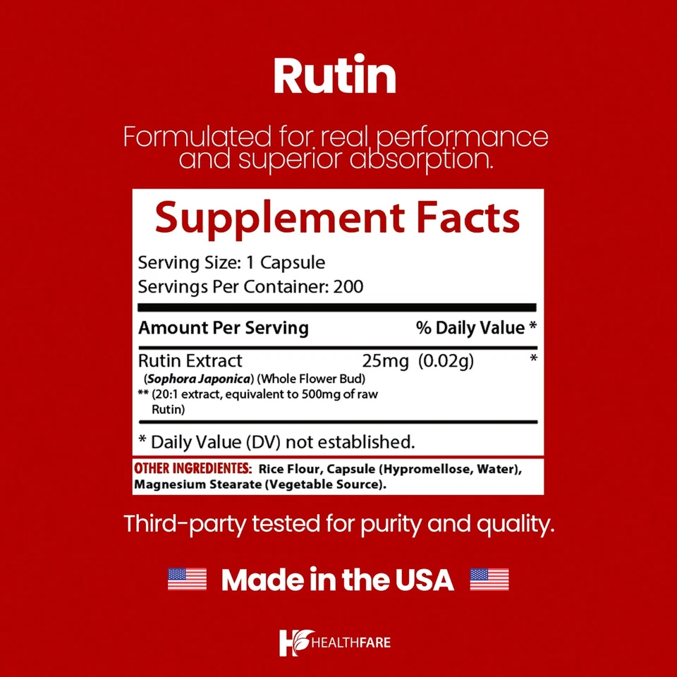 HealthFare Rutin 500 毫克 Rutoside Bioflavonoid 200 粒血管健康美国制造 — 第 3/4 张图片
