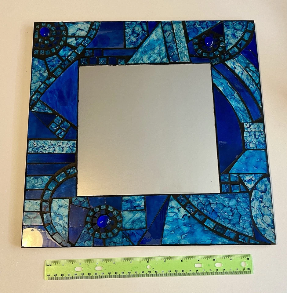 Blue and White Glass Tile Mosaic Square Mirror - Image 2 of 4
