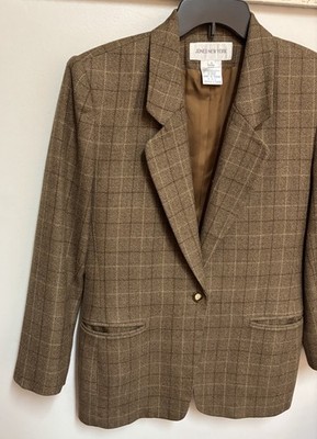 Vintage Jones New York Blazer Women Sz 8 Brown Plaid 100% Wool