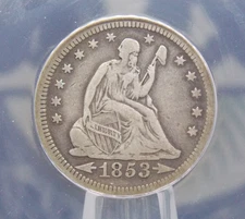 1853 "P" Seated Liberty Quarter *ARROWS & RAYS* 50c ANACS VF20 #553 Very Fine