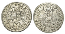 FITZ AUSTRIA SALZBURG Max Gandolph Graf Kuenburg 3 Kreuzer Silver 1681 ~AWA882