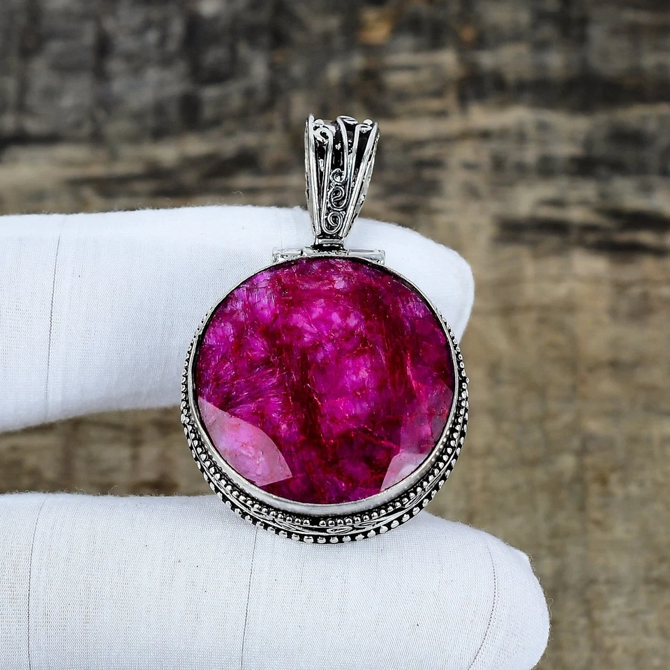 Kashmir Ruby Lab Created Gemstone 925 Sterling Silver Pendant Handmade Jewelry - Image 2 of 4