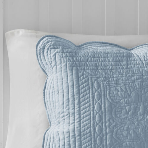 SKY BLUE 3pc Queen QUILT SET : MATELASSE CHIC SHABBY COZY COTTAGE TILE COVERLET - Picture 1 of 7