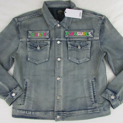 WESC Denim Trucker Jacket Guilty Pleasures Thrills Size Medium with Patches