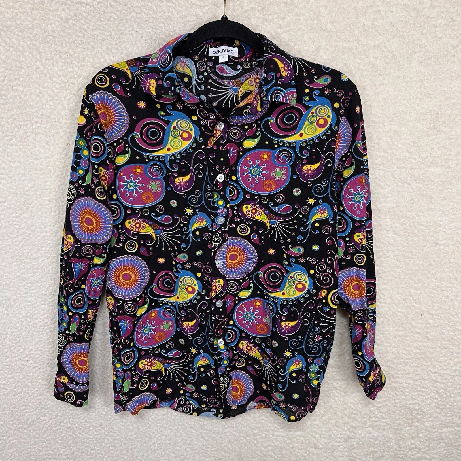 QZH. DUAO Shirt Men’s S Black Psychedelic Paisley Linen Blend Long Sleeve