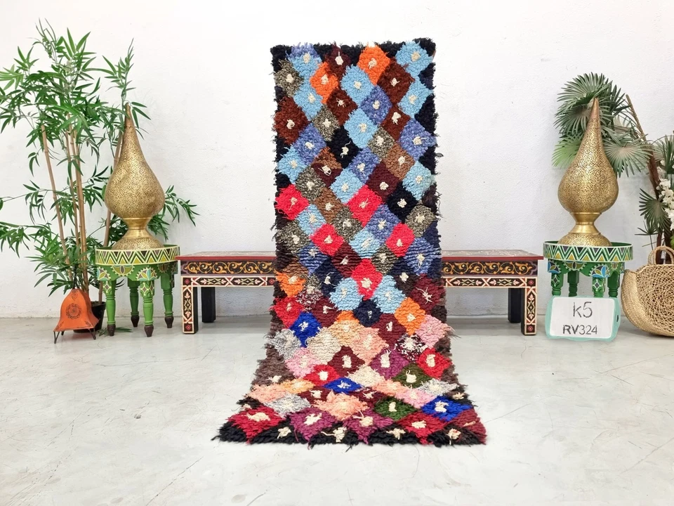 Moroccan Handmade Vintage Rug 2'1x6'2Berber Geometric Blue &Red Cotton &Wool Rug - Image 2 of 4