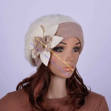 M32 Ivory Beige Women's Faux Rabbit Fur Wool Cute Flower Winter Hat Beanie Cap
