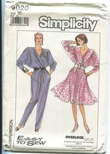 SIMPLICITY 9020 MISSES' DRESS & JUMPSUIT SZ 16 UNCUT 1989