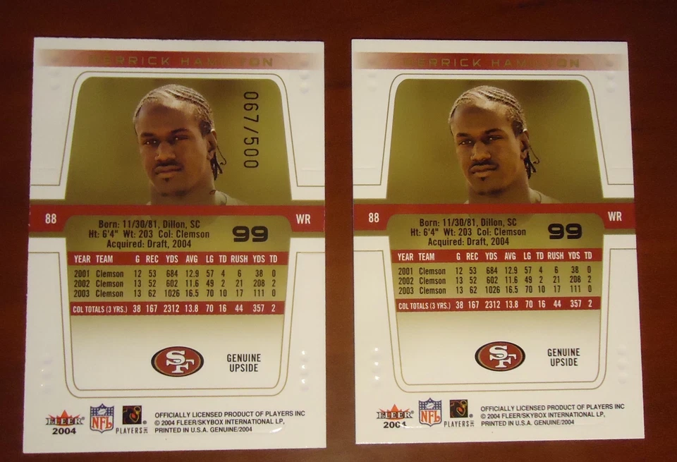 ERROR 2004 FLEER GENUINE DERRICK HAMILTON ROOKIE NO NAME OR SERIAL # 49ERS - Image 2 of 2