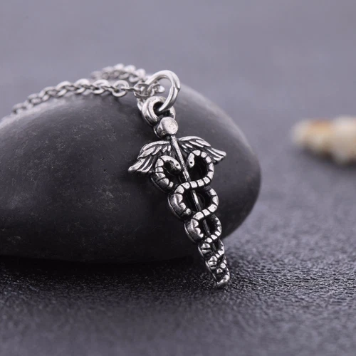 HERMÈS Collana Ciondolo Doppio Serpente Medicina Simbolo Caduceo Insegna Medica per Medici