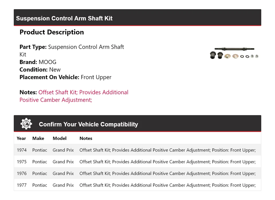 Kit de eje de brazo de control de suspensión para Pontiac Grand Prix 1974-1977 MOOG 1974 1975 Foto 2 de 4