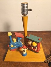 Vintage NURSERY ORIGINALS Musical Animated Lamp Wood Figures, Train, Dog 1970s