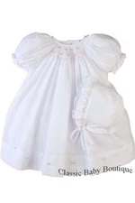 NWT Petit Ami White Multi Smocked Daygown 2PC Newborn Baby Girls Bishop Dress 0