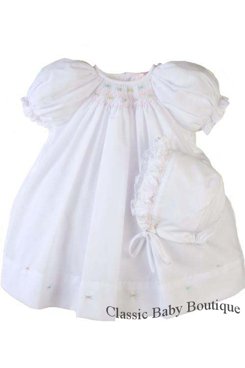 NWT Petit Ami White Multi Smocked Daygown 2PC Newborn Baby Girls Bishop Dress 0