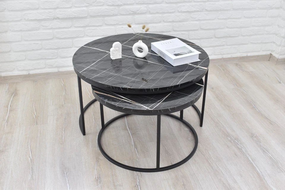 round coffee table set of 2, Marble Inspired Black Coffee Table in sleek design - Image 4 of 4