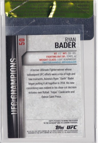Ryan Bader Signed 2015 Topps UFC Champions Blue Card #50 BAS COA #d/88 Autograph - Picture 3 of 24