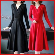 Women Midi Dress A-line V-neck Banquet Party Ball Gown Clubwear New Year Red