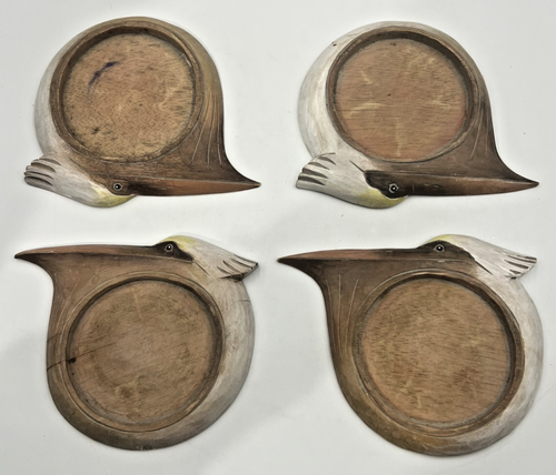 4 Vintage Wood Pelican Head Coaster Set Hand Carved Wooden 6"