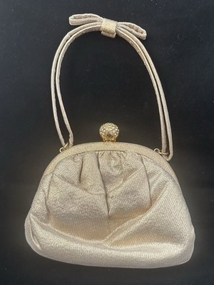 Vintage 1950s eM Gold Evening Bag Purse Hong Kong Empire Made Rhinestone Clasp